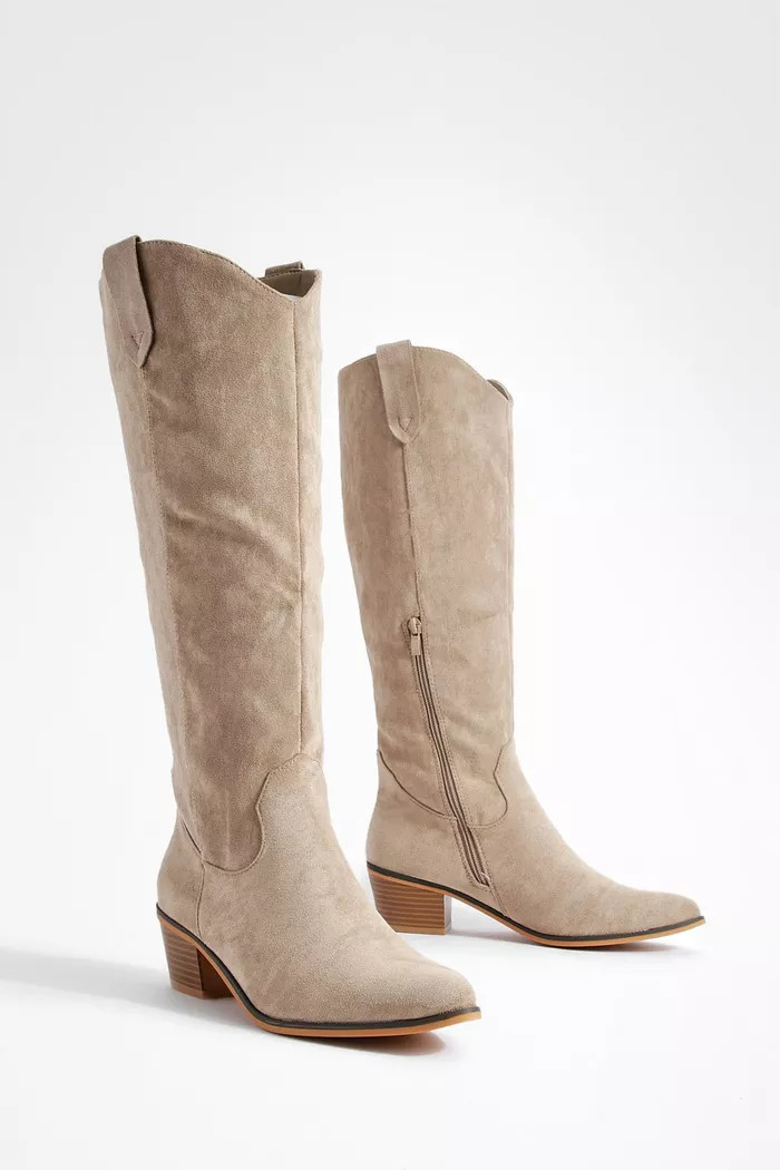 Tab Detail Knee High Western Boots | Boohoo.com (UK & IE)