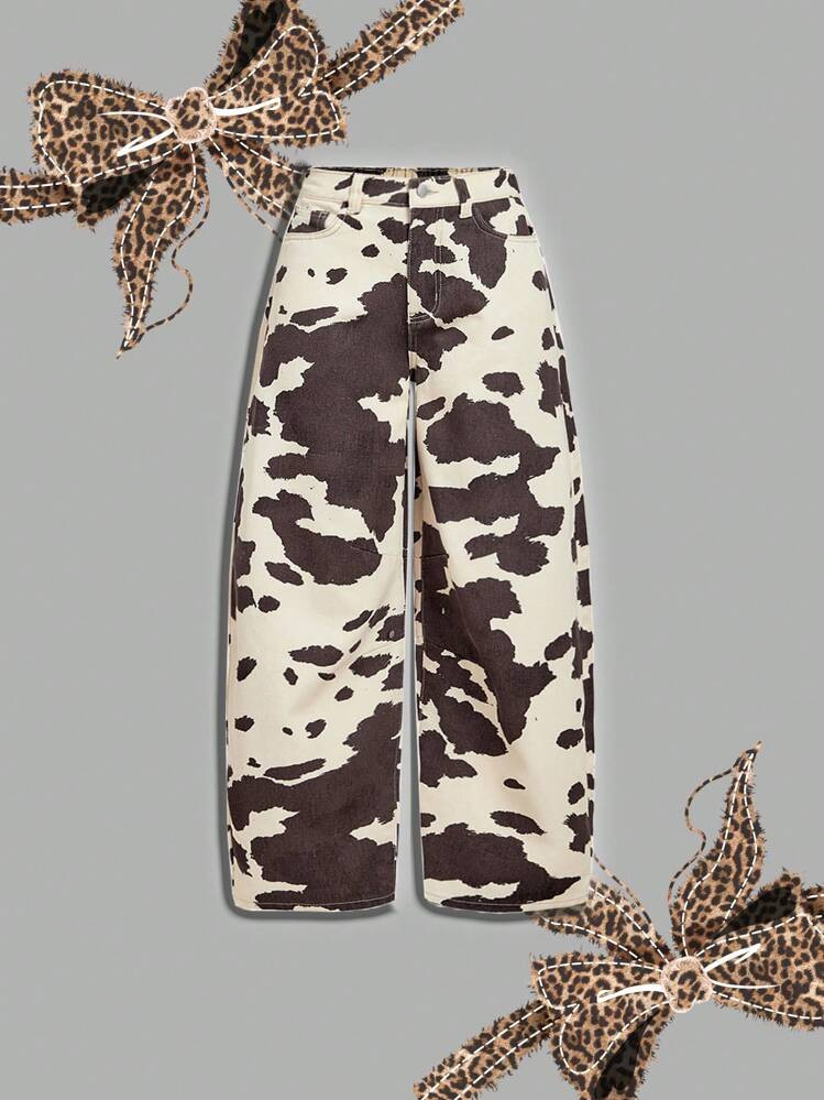 SHEIN PETITE Women's Cow Pattern Jeans Banana Pants Y2K Wide-Leg Pants Comfortable Elastic Waist ... | SHEIN