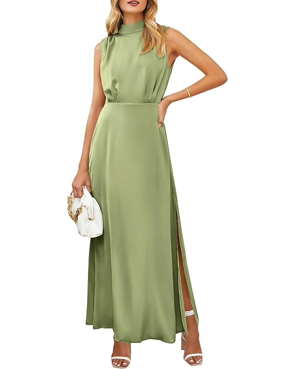 PRETTYGARDEN Womens Thigh Slit Mock Neck Satin Maxi Dress | Amazon (US)
