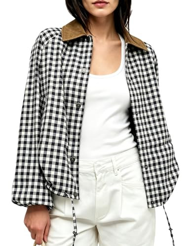 Womens Gingham Plaid Cropped Jacket Contrast Collar Drawstring Hem | Amazon (US)