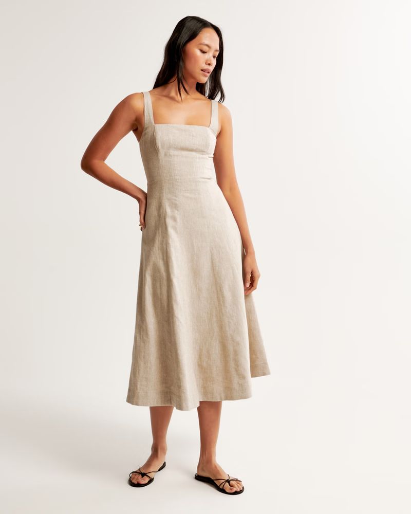 Women's Seamed Linen-Blend Midi Dress | Women's New Arrivals | Abercrombie.com | Abercrombie & Fitch (US)