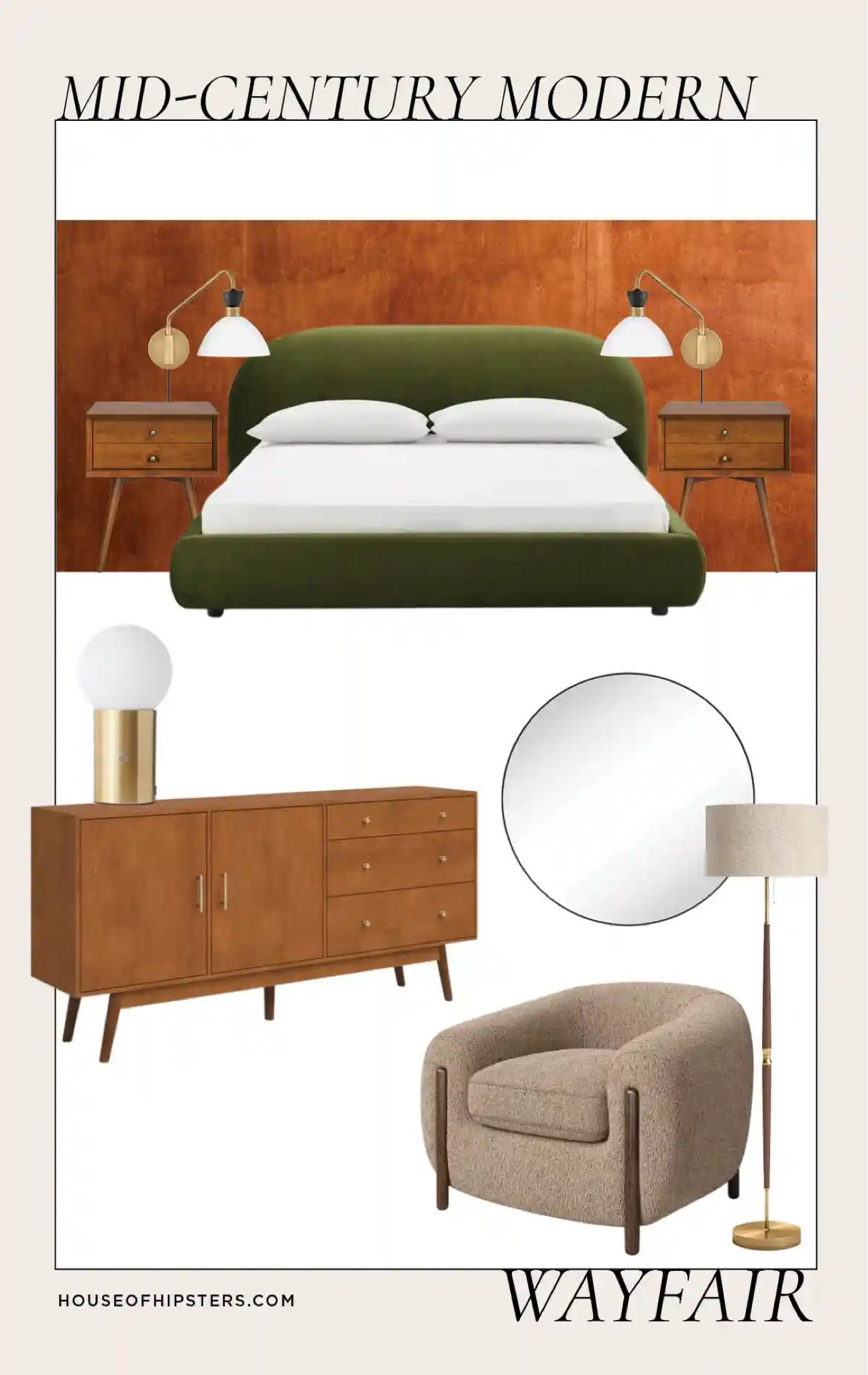 Decorating my childhood home with Mid-Century Modern furniture from Wayfair - check out all the mood boards!  This design is for the primary bedroom of my parent’s home. It’s my latest interior design project. The house is a split level ranch built in the 50s and I’ll leaning into that retro MCM vintage vibe. 

#wayfair #wayfairpartner @wayfair 

Home decor, eclectic decor, vintage modern interior design style, unique, funky furniture, personality, bedroom design, affordable, budget friendly, green velvet bed, plugin sconces, plug-in sconce, mid century dresser, club chair, barrel chair, vintage globe lighting, mid century modern nightstands 

#LTKStyleTip #LTKFindsUnder100 #LTKHome