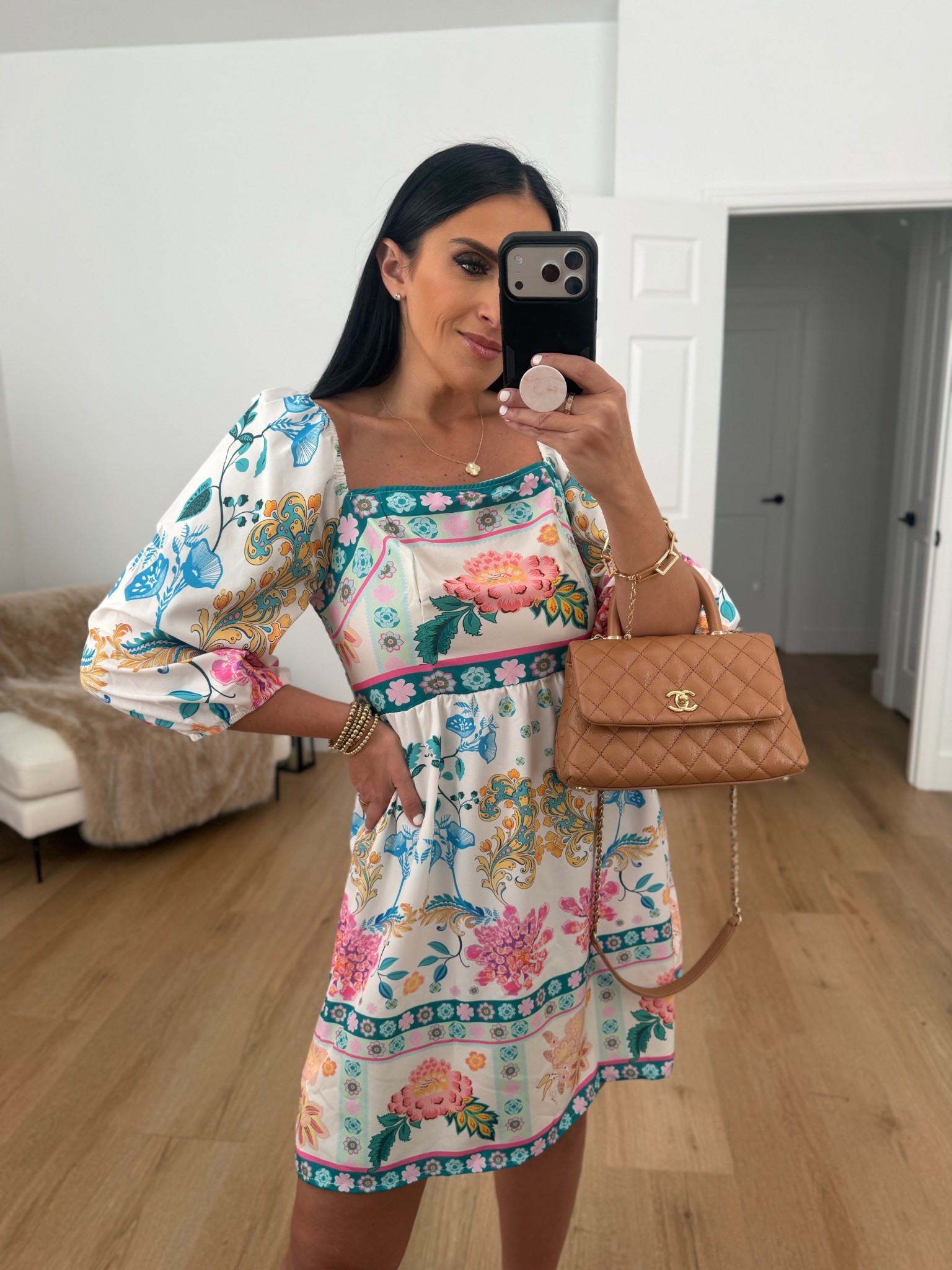 Farm Rio inspired Women's Floral Print Dress wearing size medium.
