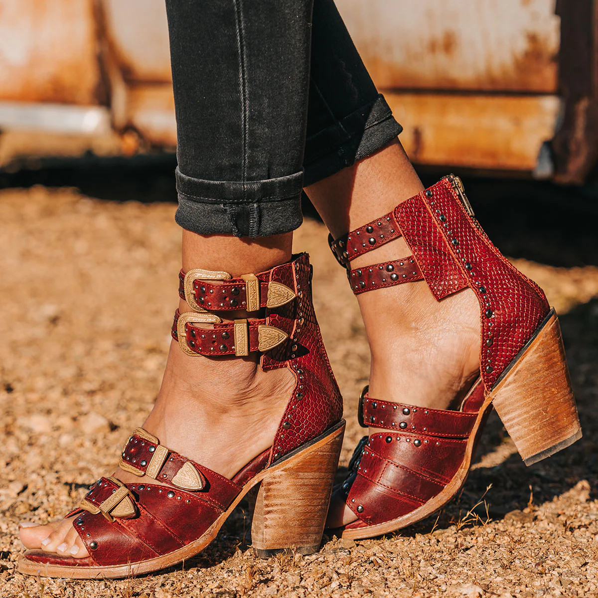 RODEO Women's Western Exclusive Studded Leather Sandal Red Multi | Freebird Stores | Shop Women's... | Freebird