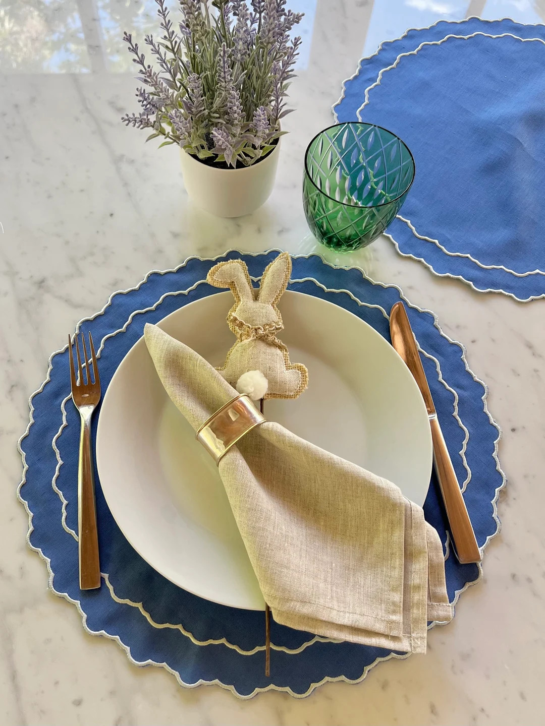 Blue Placemats Round Set Embroidered Edge Scallop Linen Place Mat Easter Bar Mitzvah - Etsy | Etsy (US)