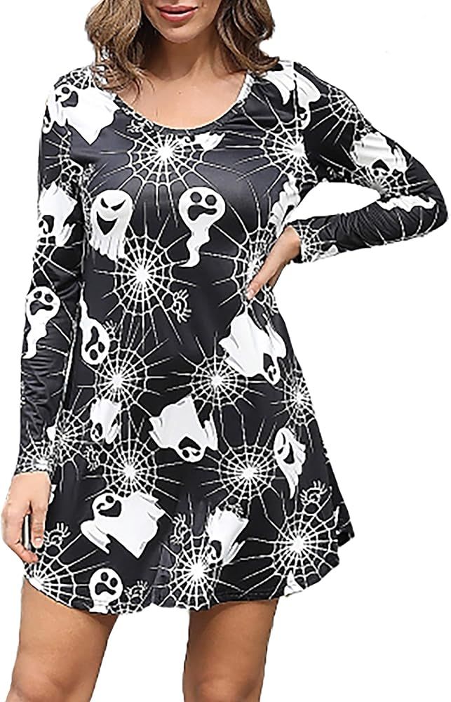 Aphratti Womens Long Sleeve Funny Halloween Print Tunic Dress Cute Swing Costume | Amazon (US)