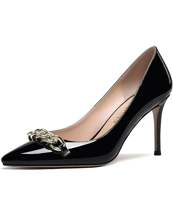 WAYDERNS Women's Gold Metal Chain Patent Pointed Toe Slip On Stiletto High Heel Pumps Shoes 3.5 I... | Amazon (US)