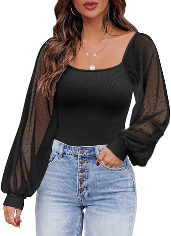Jollycode Womens Mesh Puff Long Sleeve Tops Polka Dot Square Neck Casual Blouses Slim Fit Ribbed Shi | Amazon (US)