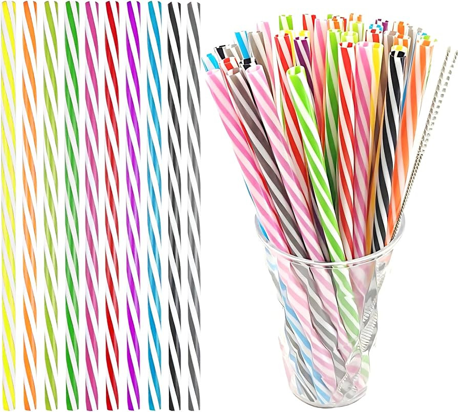 100PCS Reusable Stirrer Straws-Short Assorted Color Plastic Stripe Drinking Straws Pipes + 2 Brus... | Amazon (US)