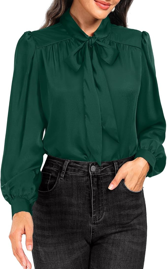 Holipick Women's Bow Tie Neck Long Sleeve Blouse Silk Button Down Shirt Chiffon Office Dressy Wor... | Amazon (US)