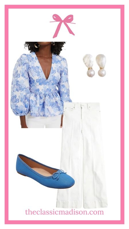 Blue and white floral puff sleeve top, white trouser pants, blue ballet flats, pearl drop earrings 
