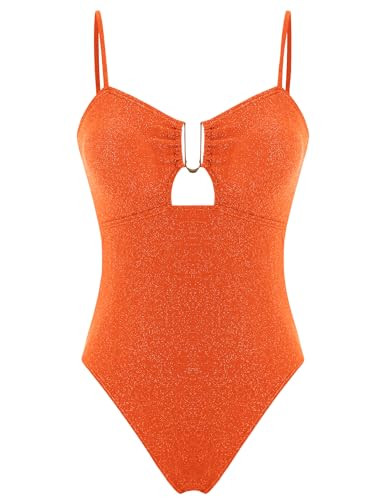 ZAFUL Metallic Shiny One Piece Swimsuit for Women 2024 Sexy High Cut Bathing Suit Glitter Cutout 1 Piece Swimwear Neo Orange S | Amazon (US)