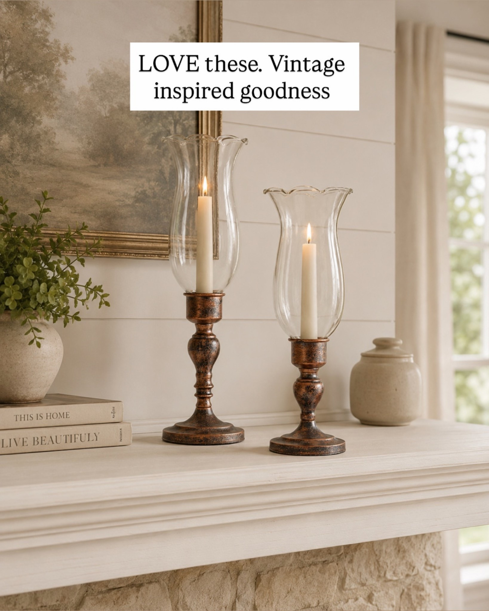These glass hurricanes are such an easy way to add warmth and cozy ambience to a mantel 🤎 I love the vintage-inspired bronze bases paired with the clear glass—they look beautiful with candles or even flameless tapers.

Perfect for a modern cottage, farmhouse, or traditional home! ✨

#LTKHome #LTKSaleAlert #LTKSeasonal