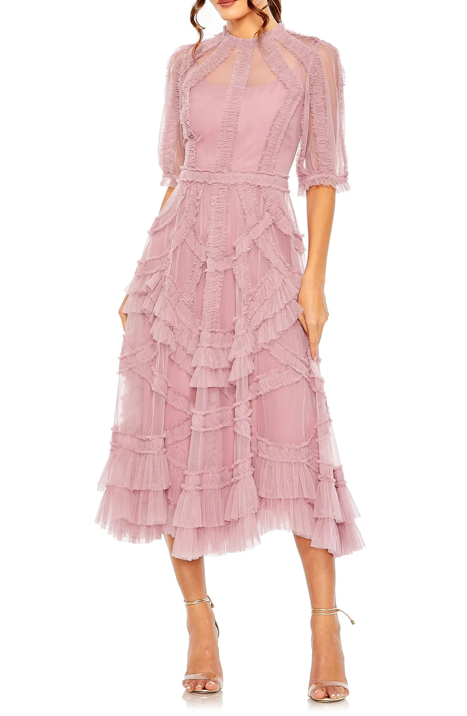 Puff Sleeve Ruffle Tulle Midi Dress | Nordstrom