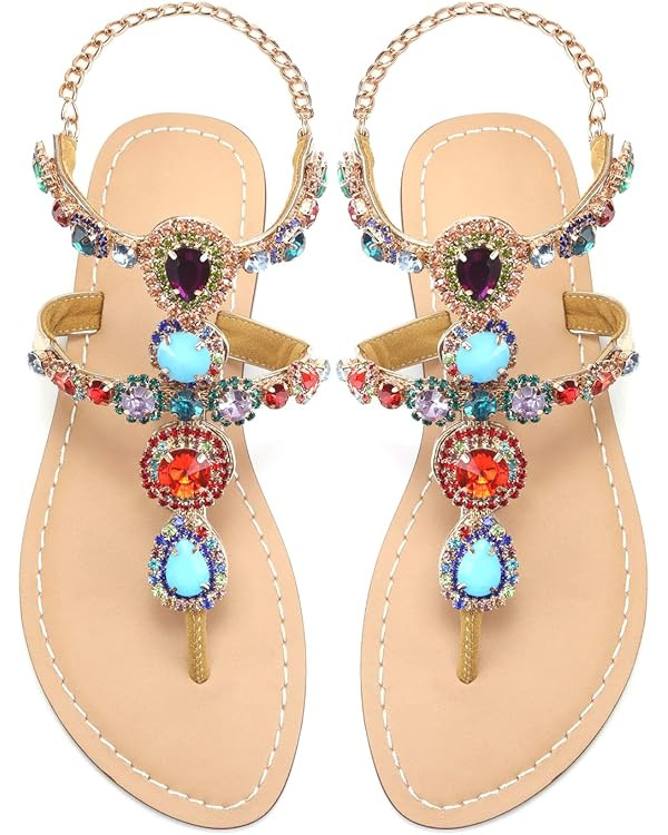Women's Rhinestone Flat Sandals, Women Flip Flops with Clip Toe RingBeadeed Rhinestone Crystal Je... | Amazon (US)