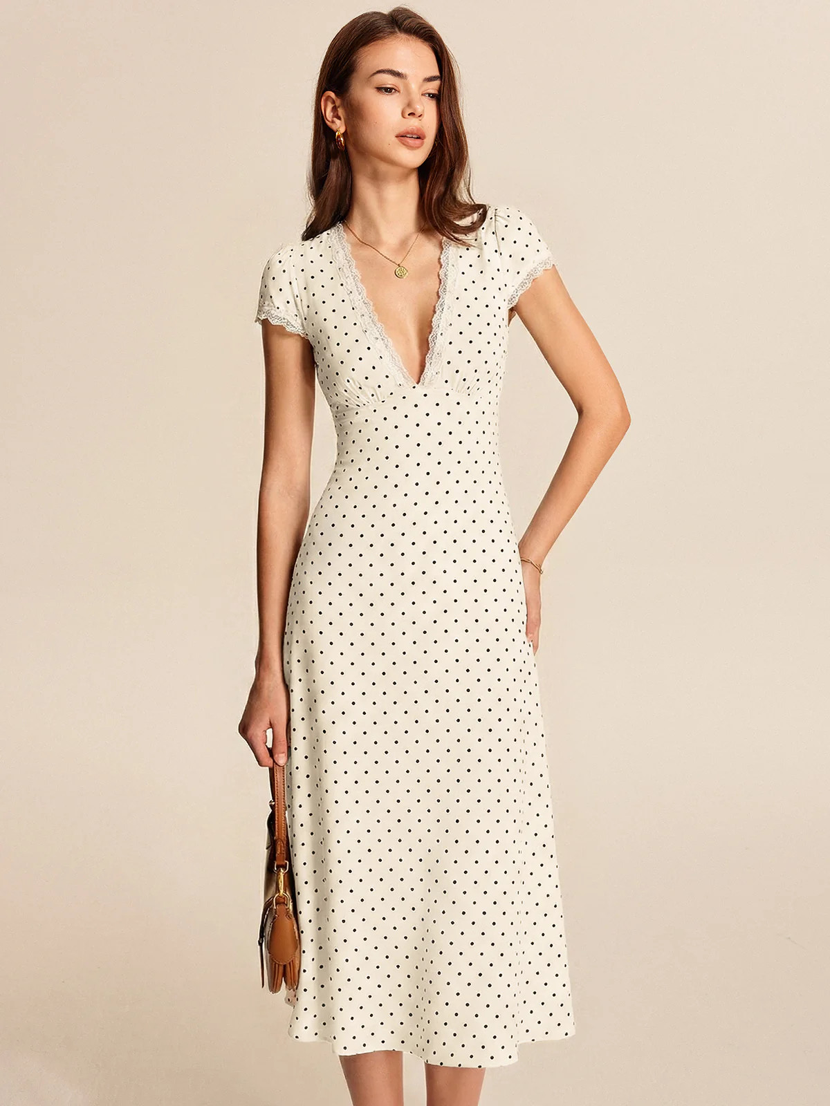 Polka Dot Lace Trim Midi Dress | Commense