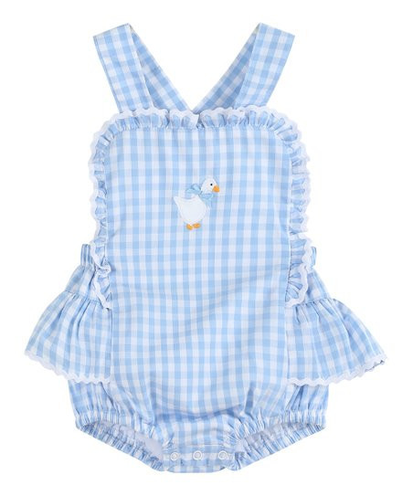 Lil Cactus Blue Gingham Goose Smocked Lace Bow Ruffle Bubble Romper - Infant | Zulily