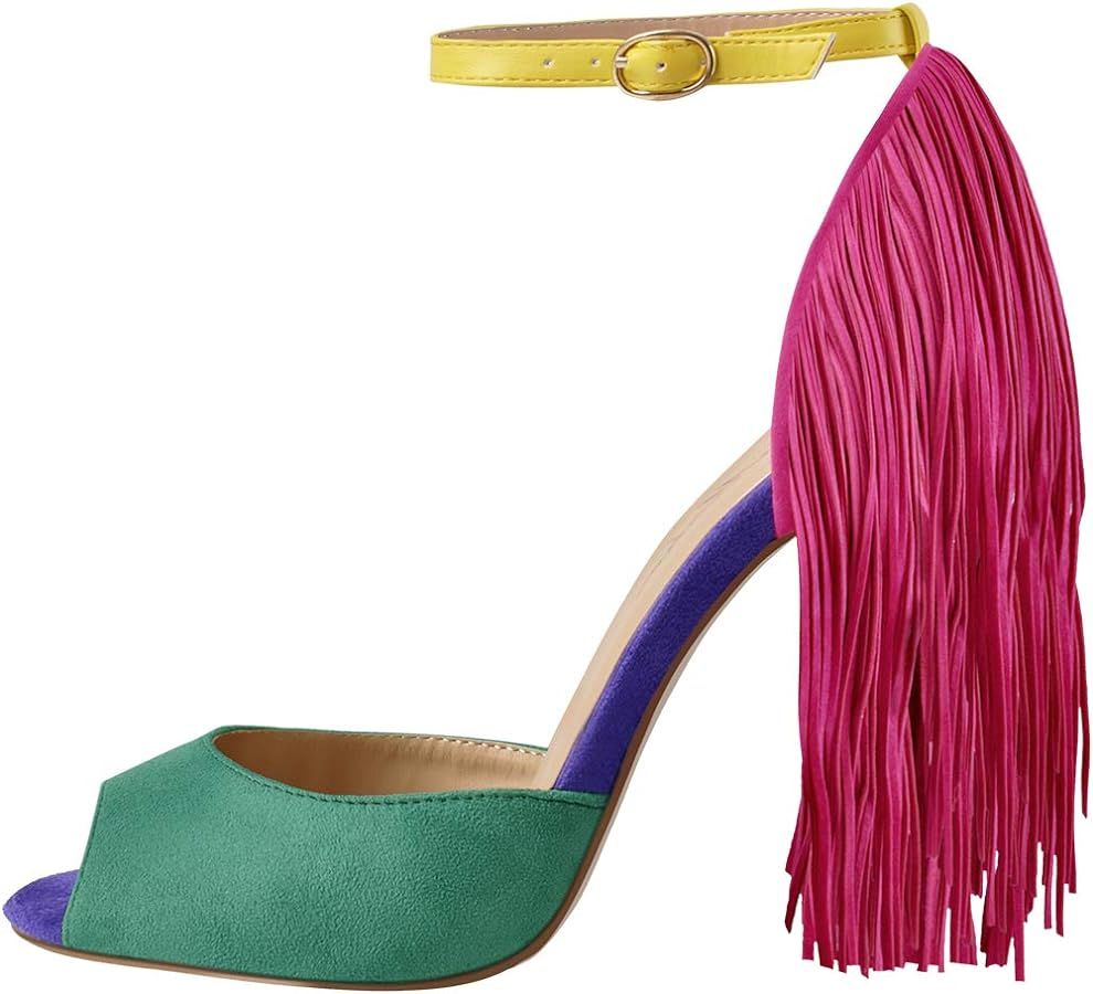 Richealnana Women's Fringe Ankle Strap Peep Toe Heeled Sandals Stiletto Heel Party Prom Shoes | Amazon (US)