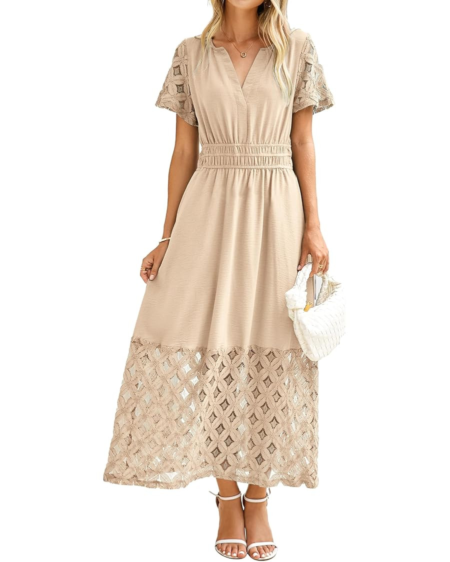 Simplee Womens 2025 Summer Boho Maxi Dress V Neck Empire Waist Long Flowy Dresses with Pockets | Amazon (US)