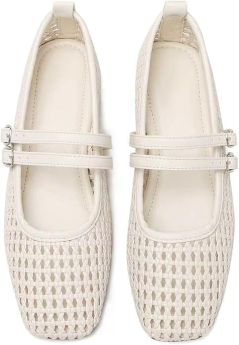 Women's Square Toe Mary Jane Flats – Woven Mesh Faux Leather with Dual Adjustable Buckle Straps... | Amazon (US)