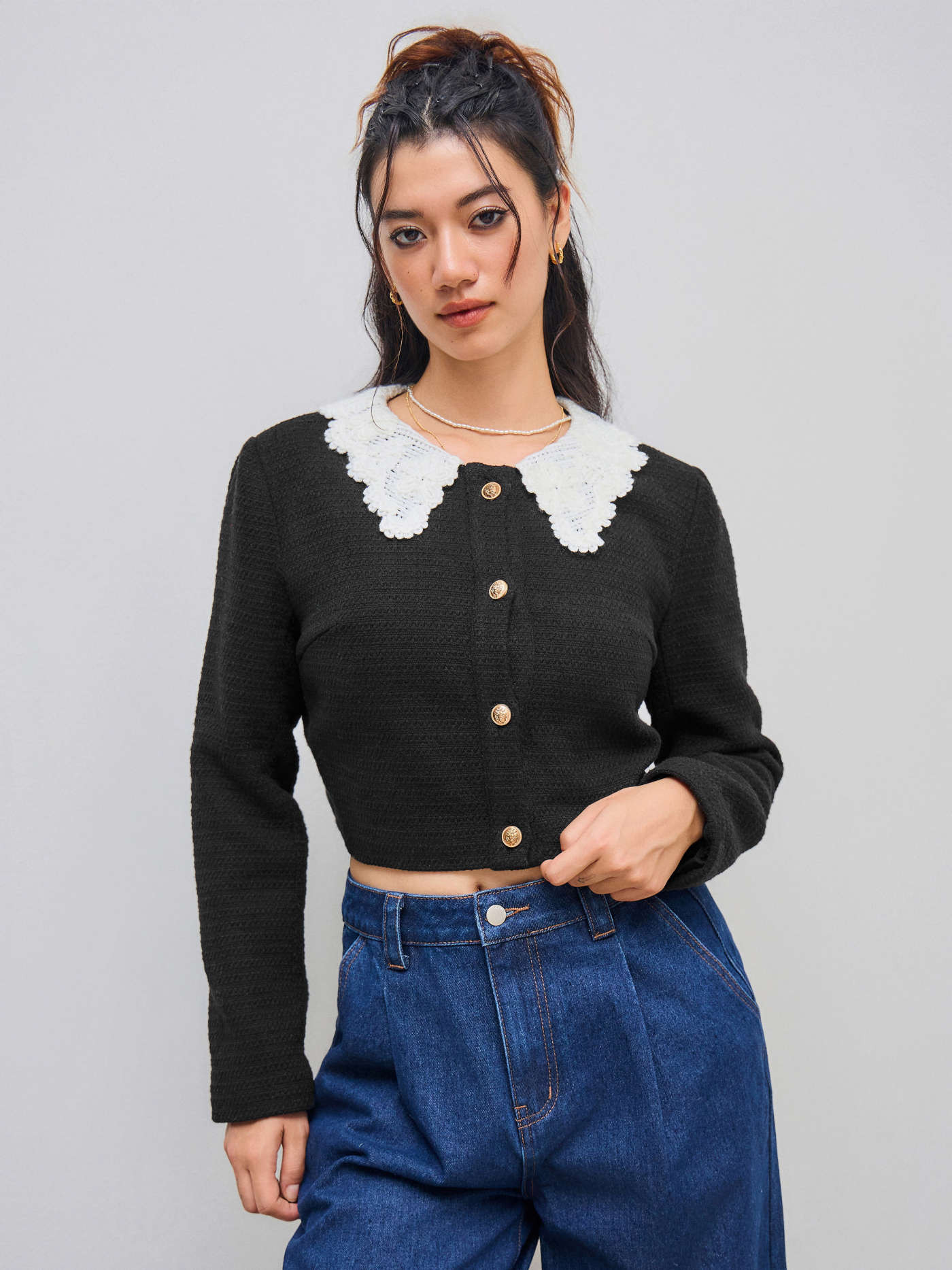 Collar Solid Button Two Tone Crop Jacket | Cider