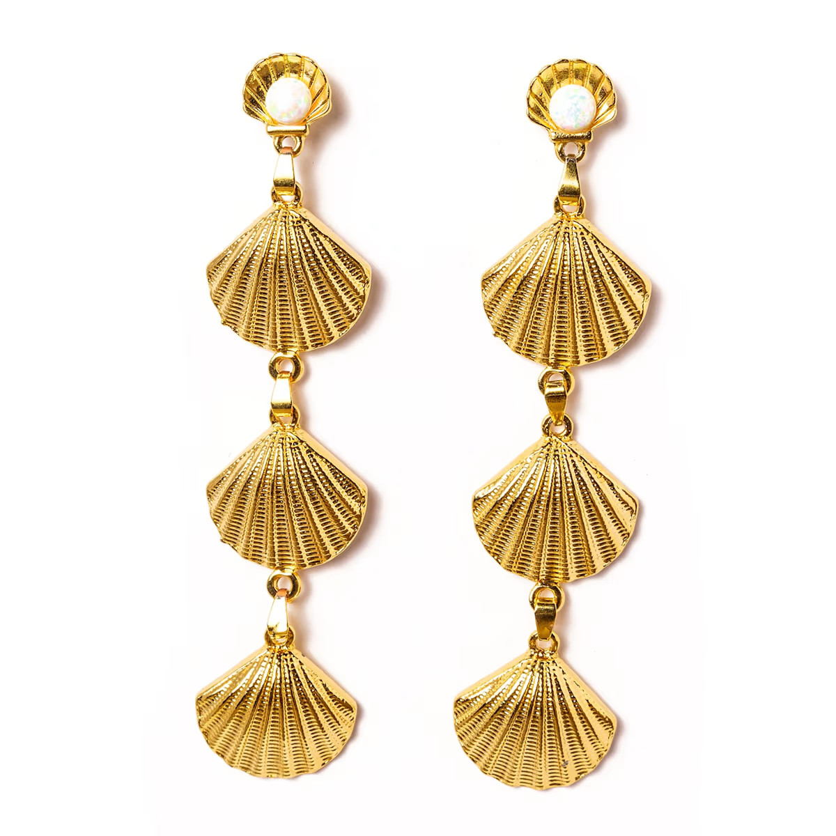 Evoke 3 Tier Gold Shell White Opal Dangle Earrings | Wolf & Badger (US)