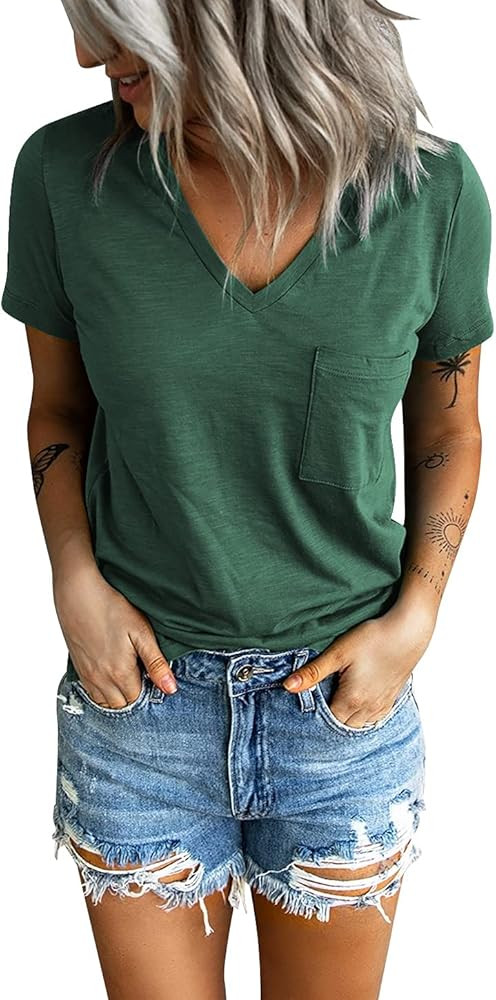 Sunborui Women's Summer Short Sleeve V Neck T Shirts Pocket Solid Loose Casual Tee Tops | Amazon (US)