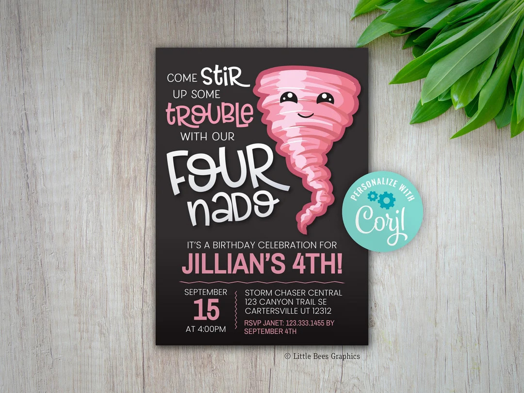 Editable Fournado Invitation Pink, Fourth Birthday Invitation, Tornado Invite, Weather Invitation... | Etsy (US)