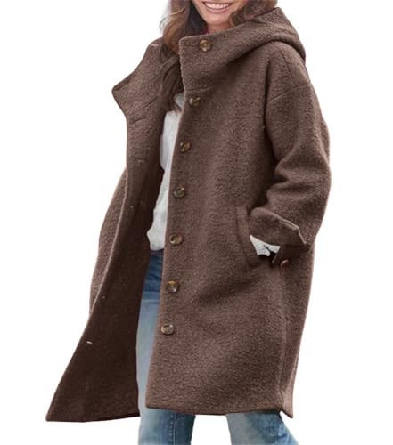 chouyatou Women's Winter Single Breasted Long Wool Coat with Hood Casual Wool Blend Trench Coat Jacket (X-Large, Coffee) | Amazon (US)