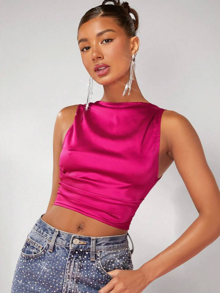 SHEIN BAE Solid Ruched Crop Satin Blouse | SHEIN
