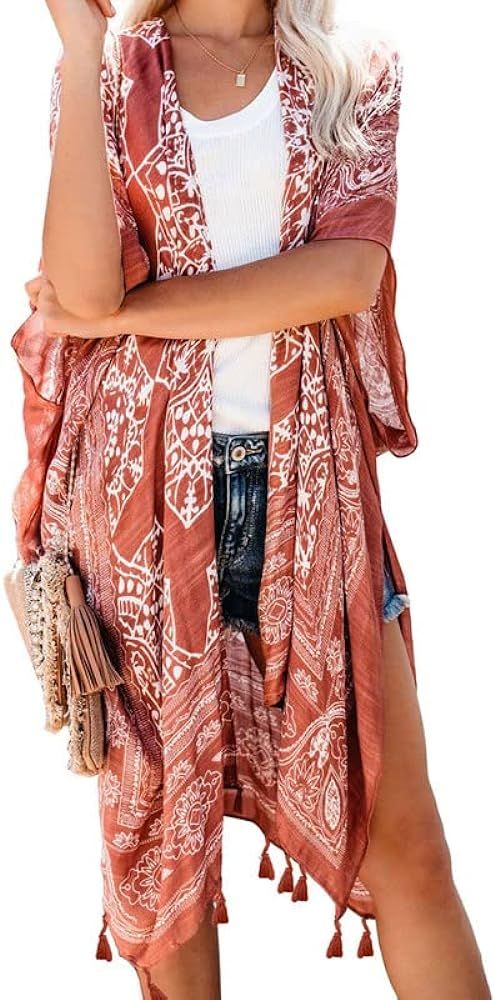 Dokotoo Womens 2024 Summer Beach Hawaiian Vacation Long Kimono Cardigans Swimsuits Cover ups | Amazon (US)