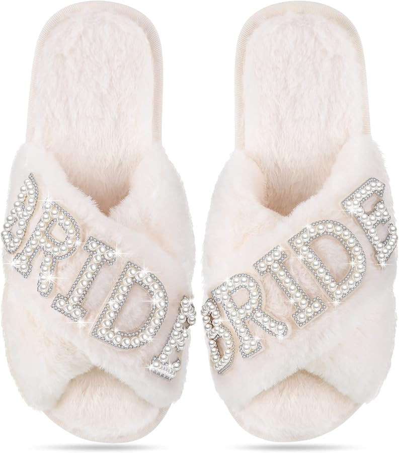 Jiuguva Bride Slippers for Wedding Day White Bridesmaid Slippers Mother of the Bride Gifts for Br... | Amazon (US)