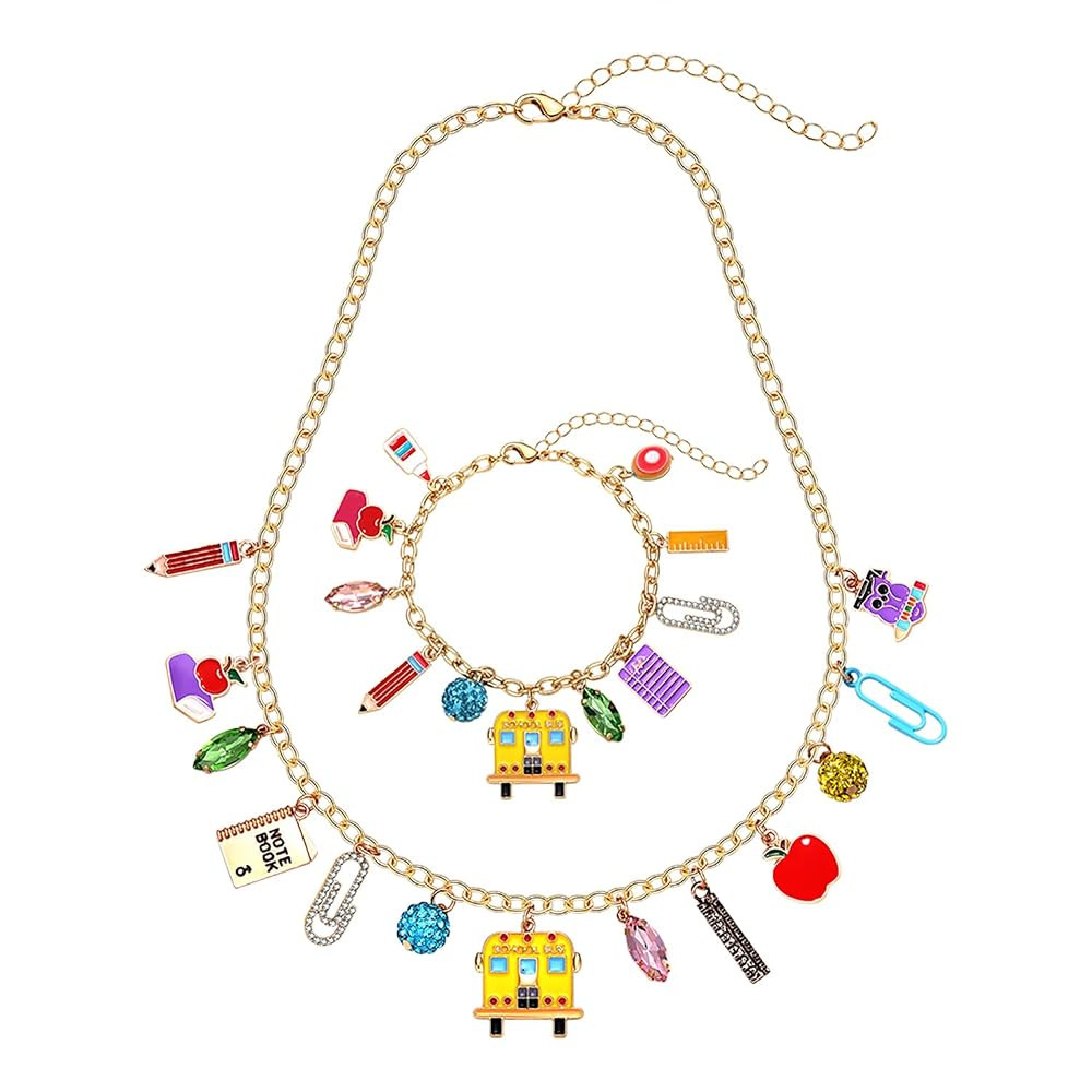 Teacher Necklace Bracelet Crystal School Charms Pendant Necklace Gold Chain Back to School Bracel... | Amazon (US)