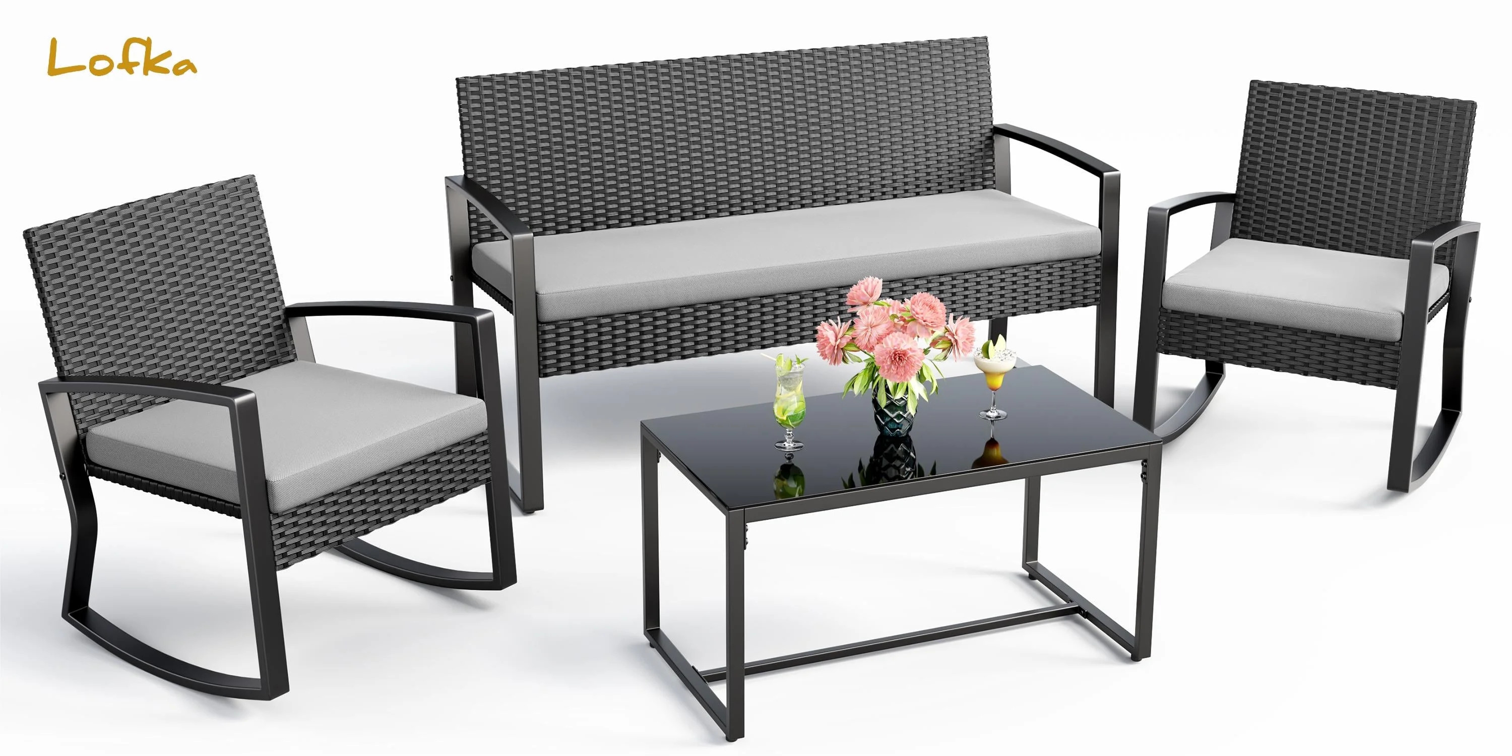 Lofka Outdoor Patio Furniture Set with Rocking Chairs and Tempered Glass Table for Balcony, Garde... | Walmart (US)