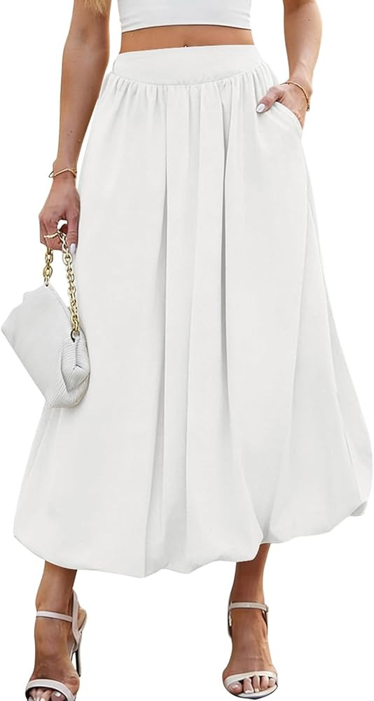 Poetsky Women's Summer Bubble Maxi Skirt Elastic Waist Puffy Hem A-Line Long Skirt with Pockets | Amazon (US)