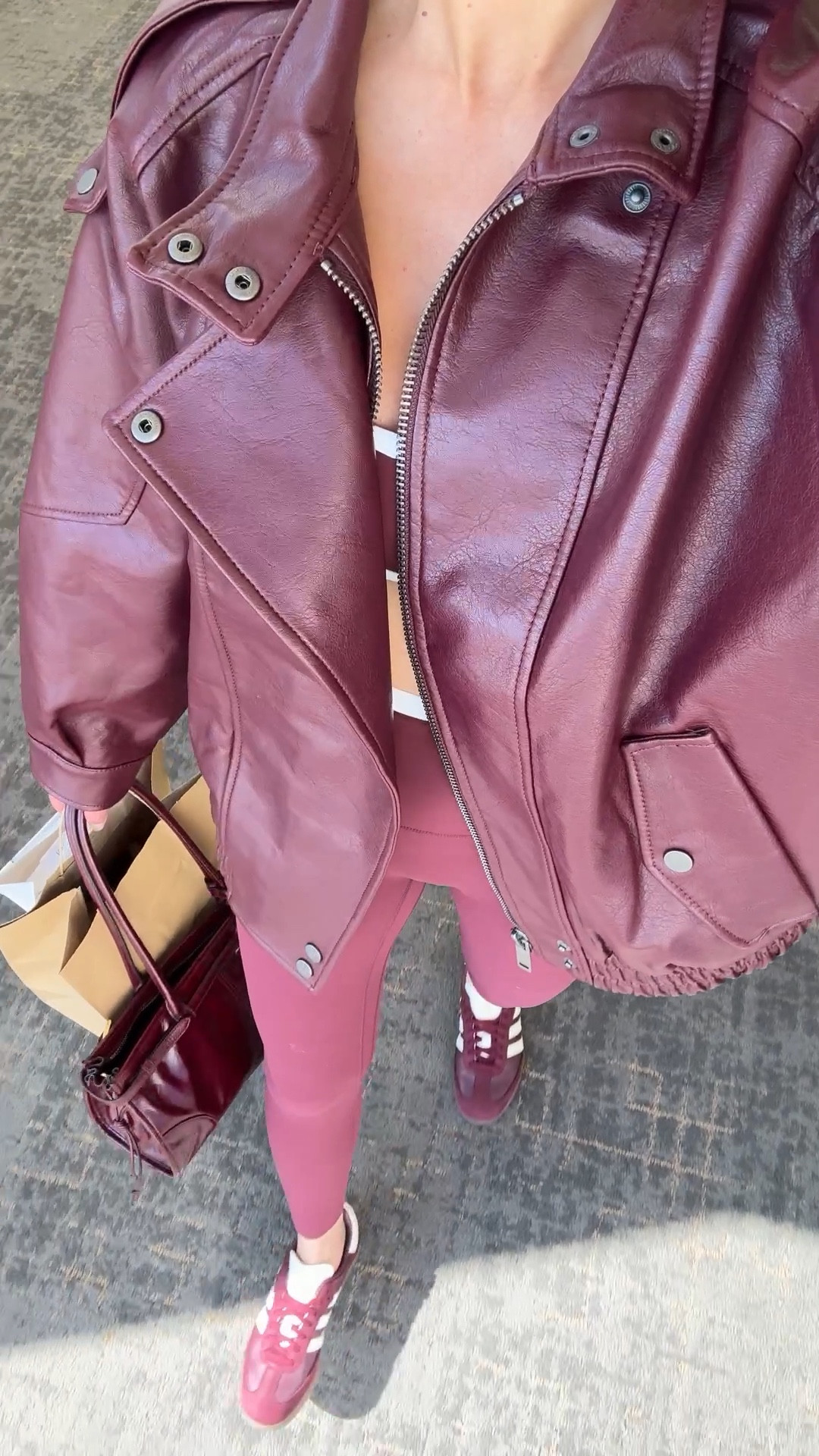 This burgundy faux leather jacket is so good ❤️‍🔥 It just launched in new colors. Mocknecks are in for fall and this jacket is so chic. Threw this on over a burgundy workout set to go run errand. The set is so soft! Also comes in multiple colors. 

Leather jacket, bralette, leggings, workout set, ootd, active set, athleisurewear, The Stylizt 



#LTKActive #LTKSpringSale #LTKootd