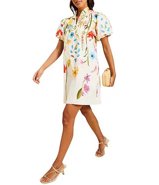 Mestiza New York Elliana Floral Garden Print Mandarin Collar Short Puff Sleeve Mini Dress | Dilla... | Dillard's