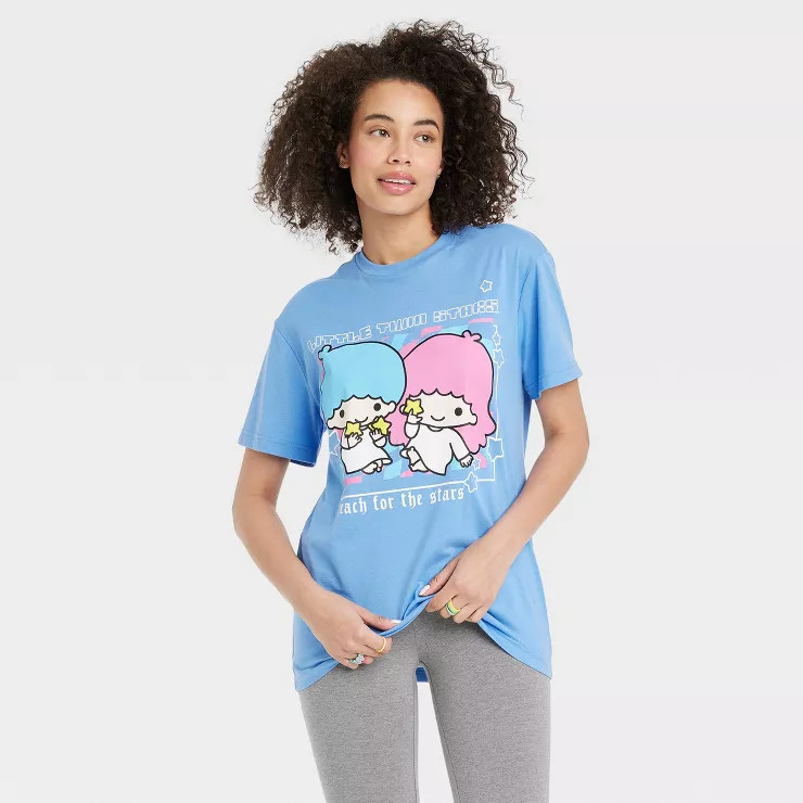 Women's Hello Kitty Star Twins Short Sleeve Graphic Oversized T-Shirt - Blue | Target