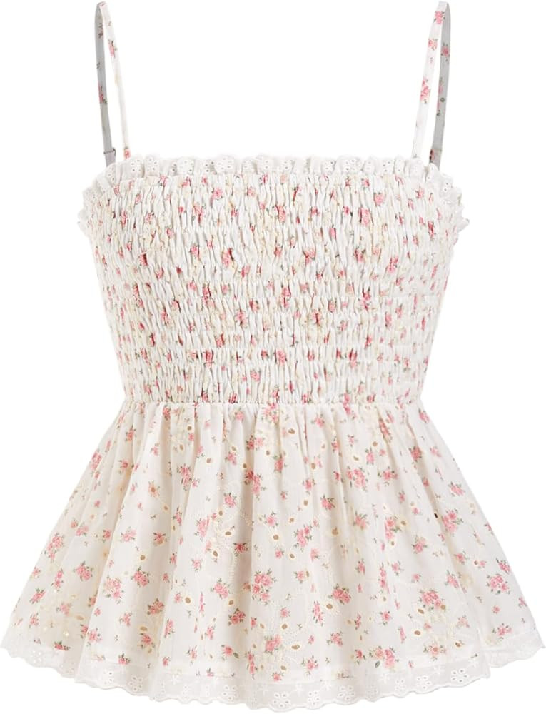 CIDER Tank Tops for Women Spaghetti Strap Floral Print Ruffle Smocking Lace Trim Peplum Top Boho Summer Casual Wear | Amazon (US)