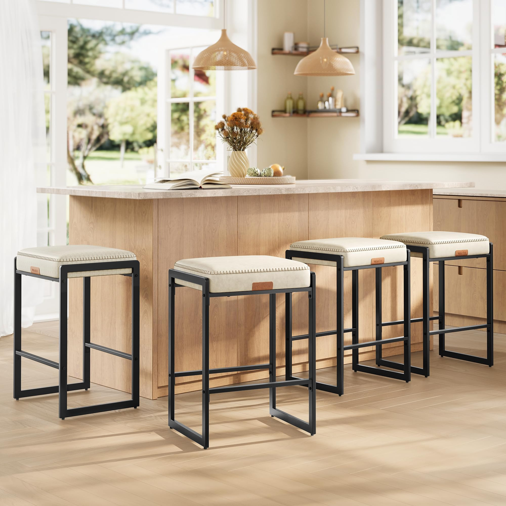 VASAGLE EKHO Collection - Bar Stools Set of 4, Counter Height Bar Stools, Synthetic Leather with Stitching, Mid-Century Modern Counter Stools, 26-Inch Tall, Kichen Home Bar Dining Room, Cream White | Amazon (US)