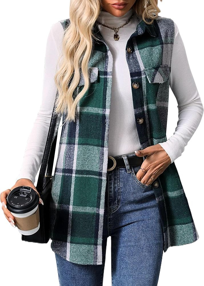 ZILIN Women's Flannel Plaid Vest Button Down Sleeveless Shacket Shirt Jacket | Amazon (US)