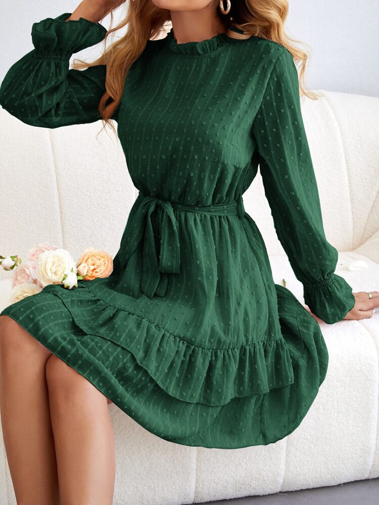 Swiss Dot Frill Neck Flounce Sleeve Ruffle Hem Belted Dress | SHEIN