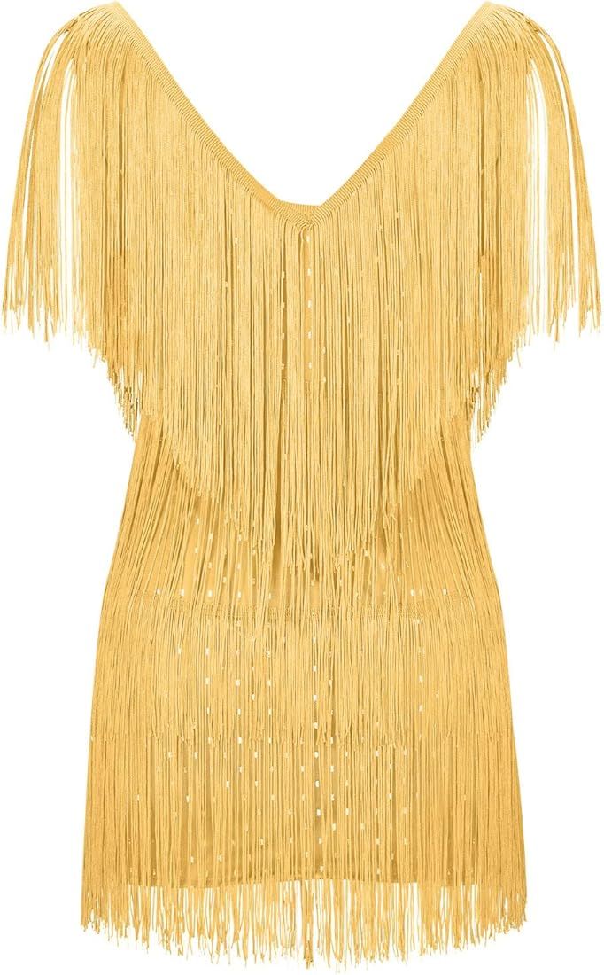 Oplxuo Cocktail Dresses for Women Sexy Deep V-Neck All-Over Fringe Spaghetti Straps Dress Sequins... | Amazon (US)