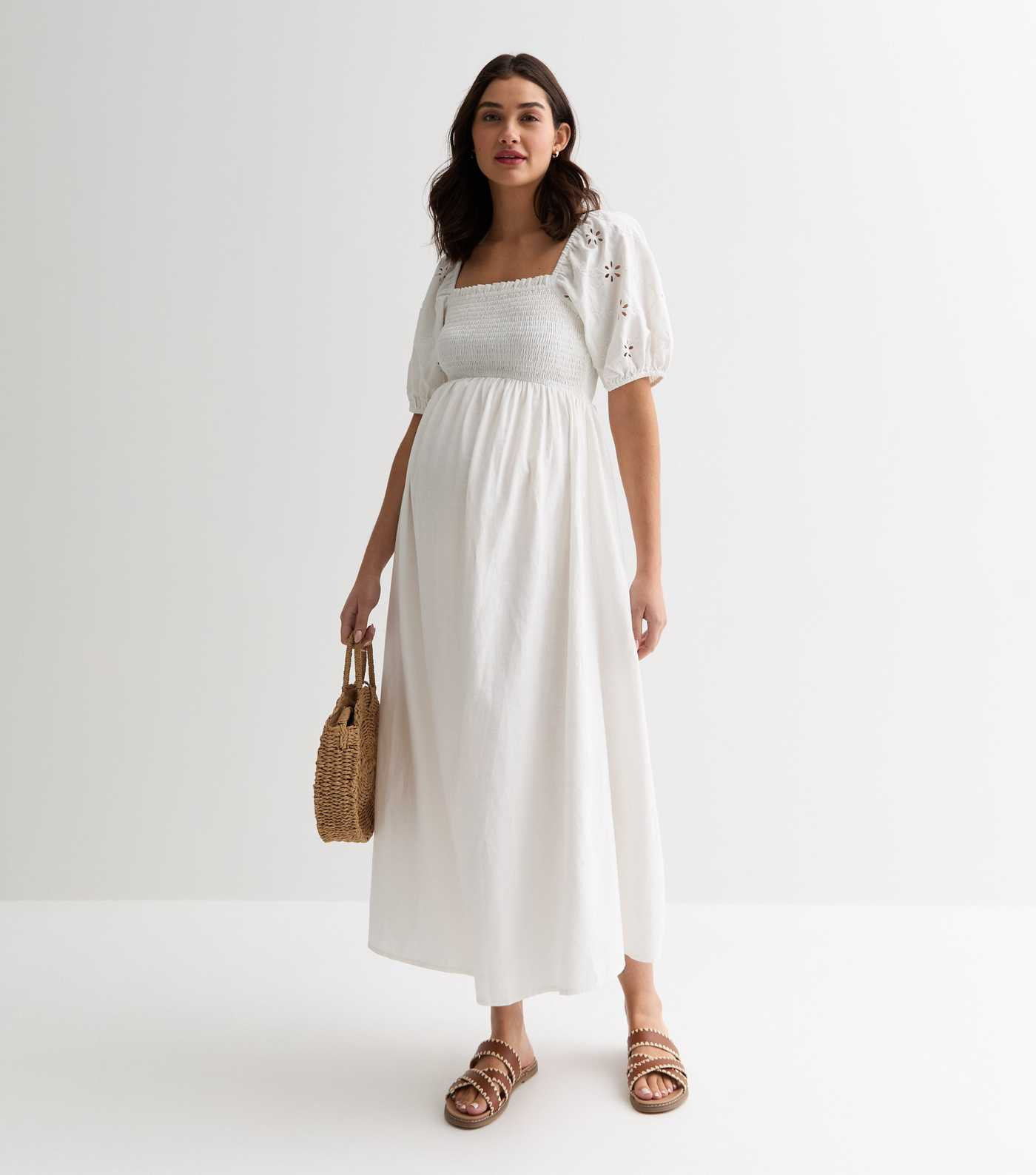 Maternity White Broderie Sleeve Shirred Midi Dress | New Look | New Look (UK)
