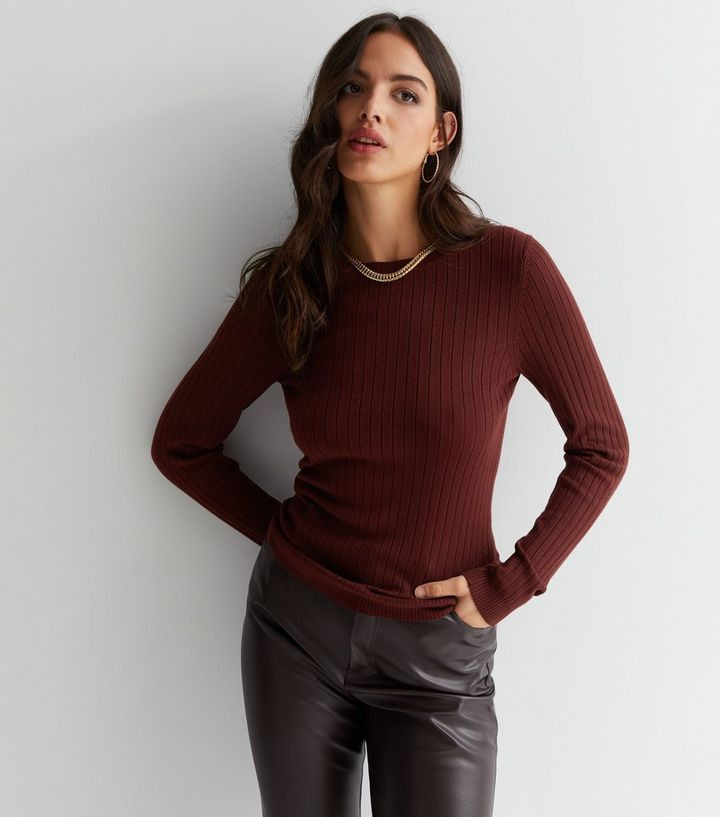 Burgundy Ribbed Knit Crew Neck Jumper | New Look | New Look (UK)