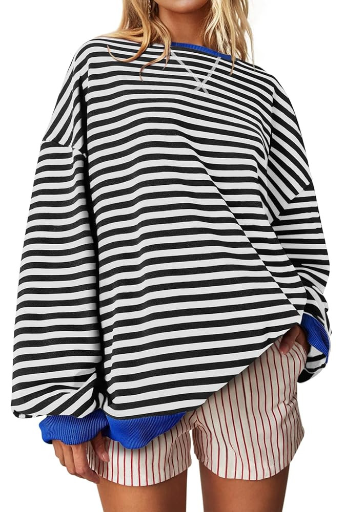 UEU Women Oversized Striped Crewneck Sweatshirt Long Sleeve Color Block Pullover Tops Casual Loos... | Amazon (US)