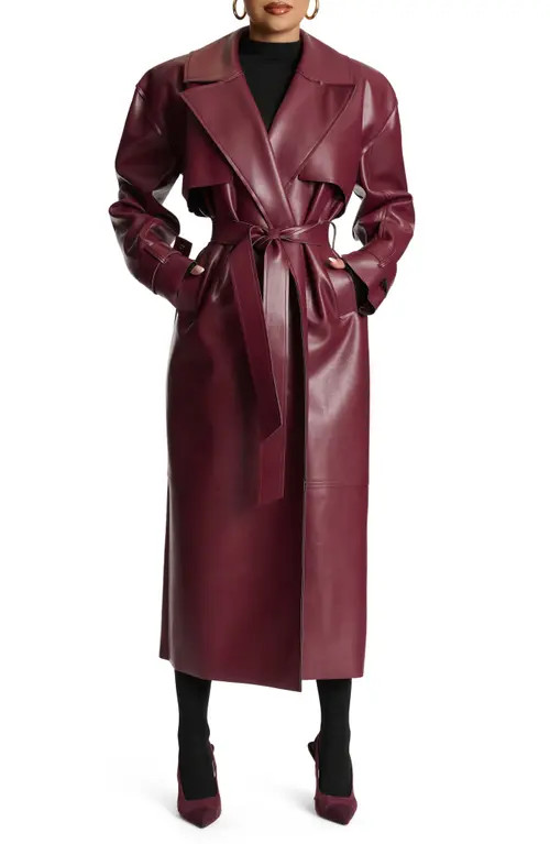 Naked Wardrobe Faux Leather Trench Coat in Burgundy at Nordstrom, Size Large | Nordstrom