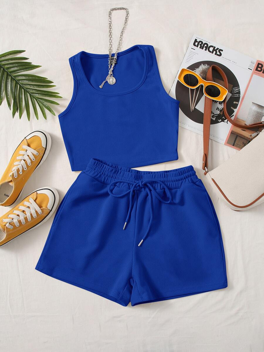 Comfortcana Plus Solid Tank Top & Track Shorts Set | SHEIN