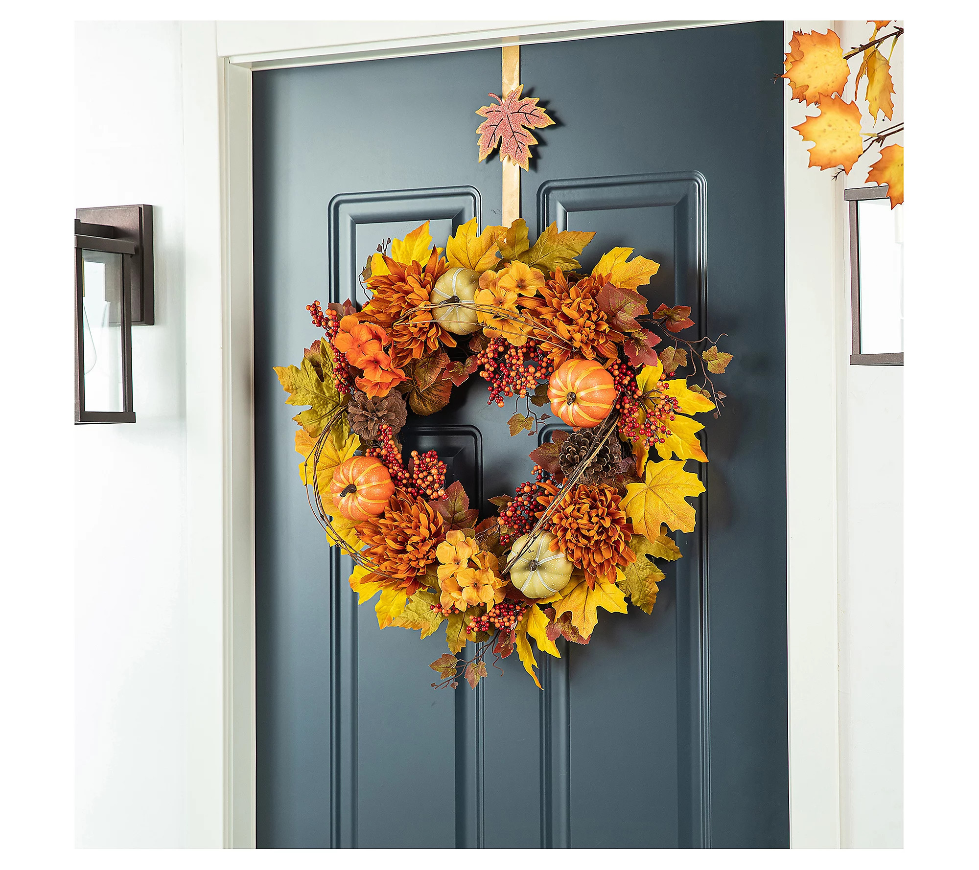 Glitzhome 24"D Fall Dahlia Pumpkin, Leaf and Be rry Wreath | QVC