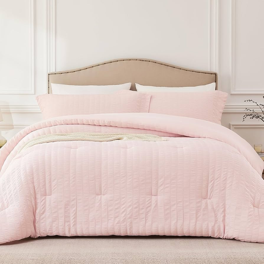 Quataly Pink Queen Comforter Set - 3 Pieces Seersucker Lightweight Bedding Comforter Sets (1 Soft... | Amazon (US)
